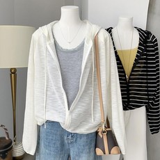 빅사이즈 후드 집업 여름 얇은 시스루 자외선차단 긴팔 후드티 가디건 여성용 스트라이프 캐주얼 상의 외투