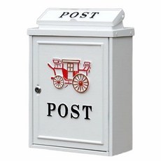 復古馬車圖案信箱 帶鎖戶外信箱 信件收納箱 安全耐用, 白底紅馬車