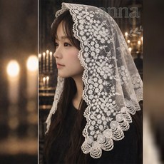 안나네 카톨릭 천주교 미사보 - 화이트 은사 자수 반짝 스팽글 (4-1)국내제작, 1개, 4-1번