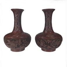 《博古珍藏》清代剔紅漆如意花卉紋花瓶一對．早期收藏老件．高23公分．居家裝飾藝術品