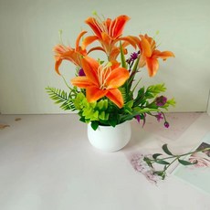 仿真百合絹花盆栽 裝飾擺件, 1盆橙色
