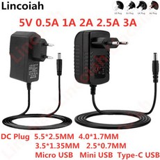 미니 마이크로 C 타입 USB 컨버터 스위칭 전원 어댑터 DC 5 V 0.5A 1A 2A 2.5A 3A AC 100-240V 5 V 볼트 1000MA 전원 코드 충전기, 1개, 없음, 120) 5V 3A - DC Plug 4.0-1.7MM