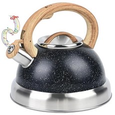 Rixordd 2.8L3쿼트 스테인리스 스틸 휘슬링 티 주전자 - 쿨 터치 나무 손잡이 큰 호루라기 및 녹 방지 베이스가 있는 천연석 마감 찻주전자 블랙 158715