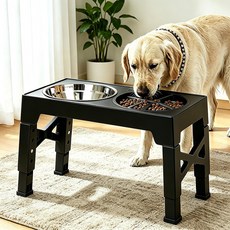 강아지 밥그릇 고양이 물그릇 높이 조절 슬로우 식기 대형견 스텐 밥그릇 접이식 하이테이블 식탁 2구, 검은색, 1개