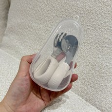 寶寶自主進食訓練短款彎頭輔食勺 304不鏽鋼兒童學習勺, 1個, 勺子+叉子+收納盒【奶白色】,304彎頭