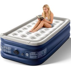 캠핑 에어 매트리스 퀸 내장 펌프 45.7cm(18인치) 두께 299.4kg(660파운드) 튼튼하고 편안한 블로우 업 에어 매트리스 휴대용 가방 포함 공기 주입식 접이식 플, 블루 & 그레이