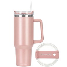 투데이리빙 1.18리터 대용량 스텐 텀블러 + 빨대 포함 손잡이 이중 보온 보냉병 아이스 스트로 플로우 보틀 리유저블 핸들 보냉 보온병 캠핑 콜드컵 물병 워터 물통 빨대컵, 1개, 1.18L, 핑크