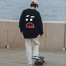 FONOW 남녀공용 오버핏 심플 깜짝이야 프린팅 맨투맨 긴팔 티셔츠 후드티