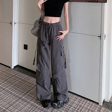투니스 여성 캐주얼 루즈핏 쿨링 아이스 단색 하이웨이스트 스트링 카고 긴바지