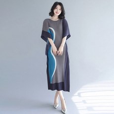 ROYALBELLE 여성 주름 루즈핏 라운드넥 반팔 프린트 빅사이즈 편한 플리츠 롱 원피스 데일리 모던 무드 K040605