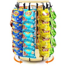 칩 랙 디스플레이 스탠드 2025 새로운 5단 40 클립 스낵 오거나이저 회전 나무 베이스 조리대 매점 스탠드 파티 소매 사무실 스낵 디스플레이 랙용 칩 홀더 캔디, 라이트 우드