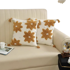 Floral Tassel Cushion Cover - Decorative Gold Textured Design