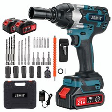 JSMiT 고출력 21V 브러시리스 모터 충전 임팩드릴 전동 임팩렌치 임팩트 드라이버 초대형 비틀림 1000토크 무단변속 충전 임팩 드릴 렌치 드라이버 4.0Ah 배터리 2개, 도구 키트 +(4.0AH 배터리 *2), 1