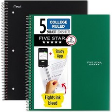 파이브 스타 스파이럴 노트북 스터디 앱 2팩 5과목 대학 규격 용지 81/2 x 11 200장 잉크 번짐 방지 방수 커버 검정색 초록색 820190, 파이브 스타 스파이럴 노트북 스터디 앱 2팩 5과목 대