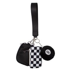 TRUE LOVE ACCESSORIES 여성용 더블 파우치 지갑 리스틀릿 키체인 포함 - 참 및 이중 수납 공간이 있는 트렌디한 미니 지퍼 지갑 체커 8 볼 Pu 가죽 더블