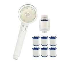 POPMORE 微氣泡蓮蓬頭 美肌沐浴器 五段水流一鍵止水, 1個, 一支白色蓮蓬頭+過濾器1個+6個替換濾芯, 白色