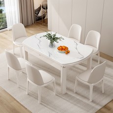 巖闆餐桌傢用現代簡約圓桌可伸縮折疊小戶型實木飯桌圓形餐廳桌椅餐桌 餐椅 餐桌椅組閤 會客桌椅, 白色,1.5米(單餐桌)