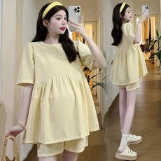 임산부 여름 세트 캐주얼 라운드넥 반팔 상의 하이웨이스트 반바지 상하의 투피스 루즈핏 임부복 세트 JZZN