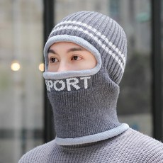 니트 방한모자 남녀공용 모자 보온 머플러 일체형 꽈배기, 1개, 37006-진회색