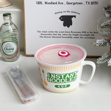 스타일 세라믹 손잡이 전자레인지용 뚜껑 대용량 기숙사용 그릇 국수 투명 학생, 2 라면 컵 녹색 PVC 뚜껑 숟가락과 젓가락 [ 투명