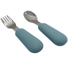專業兒童學習湯匙 (副食品/兒童餐具), 藍灰色,叉勺組