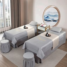 美容牀罩四件套風美容院按摩牀罩理療牀單套純色四季中醫養生採耳, 閒雅時光淺灰:190*70方頭四件套
