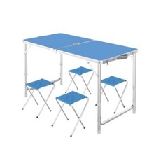 好的家居 鋁合金露營桌 折疊桌 有傘孔 輕便折疊椅 摺疊桌 懶人桌 野營桌 野餐桌, 【藍色】桌子+4個摺疊椅, 藍色