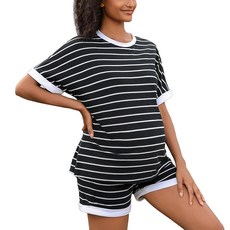 [ 674642 ] 스위트범프 임산부 라운지 세트 2피스 의상 스트라이프 반소매 셔츠 및 반바지 여름 의류 흑백 줄무늬 스몰