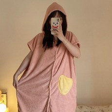 大浴巾可穿可裹女學生韓版可愛家用比純棉吸水不掉毛斗篷連帽浴裙, 1個, 藕粉【40.0-80.0公斤可穿】