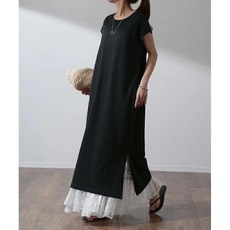 Yellwel 여름 여성 중기장 반팔 원형넥 트임 원피스 DJP