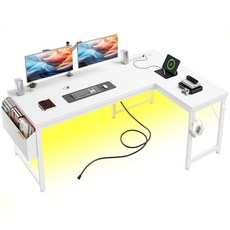 전원 콘센트 및 수납 가방이 있는 듀레이롤리 63인치 L자형 책상 0.95인치 두꺼운 데스크톱 및 조명이 있는 컴퓨터 책상 홈 오피스용 리버서블 게이밍 책상 코너 데스크, White, 40"Dx55"Wx30"H