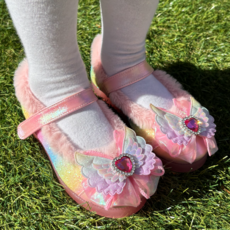 프롬베베 여아용 세리 더블 무지개 날개 리본 LED 겨울 털 구두