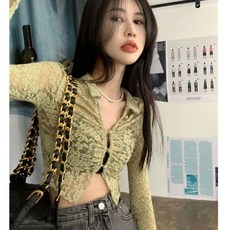 섹시 펀칭 레이스 시스루 크롭 긴팔 홀복 블라우스 V넥 가디건 비침 여름 시원한 그린