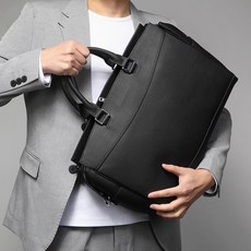 BONum 博紐 真皮胖胖型多功能商務出差包 輕旅行包, 商務黑, 1個