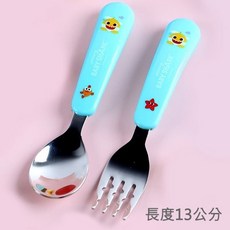 里和 lilfant 韓國製 碰碰狐 304不鏽鋼 學習筷 叉子 湯匙 餐盤 兒童餐具組, 1個, 好握湯叉 鯊魚家族, 黃色, 湯叉組