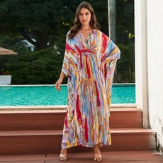 중년여성 커버업 비치로브 여성용 수영복 커버 업 세트 에스닉 프린트 루즈 카프탄 비키니 원피스 비치 맥시 드레스