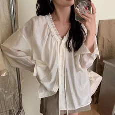 여성 러블리 브이넥 셔링 블라우스 빅사이즈 오버핏 박시핏 셔츠 남방 하객룩 출근룩