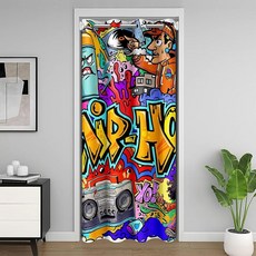 힙합 데코 도어 커튼 출입구 프라이버시용 106.7cm x 203.2cm(42 x 80인치) 히피 그래피티 스타일 옷장 도어 커버 커튼 침실용 그래피티 그래픽 스트리트 컬처 그