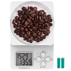 타이머가 있는 커피 디지털 저울 음식 온스와 그램을 위한 주방 무게 배터리 2개 포함, White, 화이트