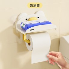 壁掛小熊紙巾收納盒 衛生間紙巾盒 廁所紙巾架 浴室免打孔廁紙盒 收納, 1個, 奶油黃:如圖