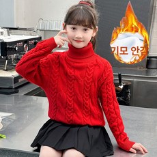여아 하이넥 니트 가을 겨울 아동용 기모 스웨터, 레드 플리스안감