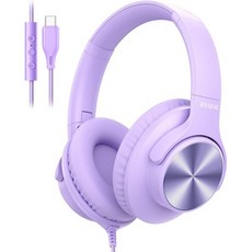 KVIDIO 유선 헤드폰 마이크 포함 볼륨 및 재생 제어 오버이어 접이식 USBC 플러그 90도 회전 이어컵 4.9피트 엉킴 방지 케이블 태블릿 노트북 PC 학교 여행용 보라색, KVIDIO 유선 헤드폰 마이크 포함 볼륨 및 재생 제