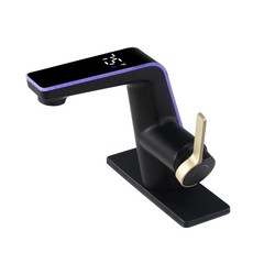 ICREEH 매트 블랙 LED 욕실 수도꼭지 온도 디스플레이 포함 - 황동 싱글 핸들 2가지 물 모드 데크 플레이트가 있는 1홀 또는 3홀 RV 탭