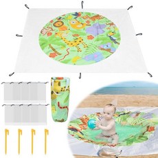 2 x 1.9m(6.5 x 6.5피트) 아기 해변 수영장 2 in 1 휴대용 어린이 해변 놀이 수영장 웅덩이 유아 해변 담요 및 어린이 수영장 그린 만화 어린이 모래 구덩이, Forest Theme 2m x 2m/6.5ft x 6