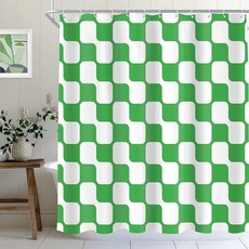 Cinbloo 레트로 세이지 그린 체크 무늬 48Wx72H 샤워 커튼 좁은 추상 Y2K 귀여운 베이지 체커보드 그리드 그루비 웨이브 클래식 욕실 세트 미니멀리스트 액세서리 장식, A-그린 라이트