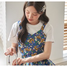 생활한복 여성 귀여운 호랑이 패턴 뷔스티에 레이어드 탑 슬리브리스