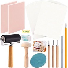 Keadic 41개 고무 스탬프 제작 키트 조각 블록 2개 도구 3개 숫돌 추적 용지 브레이어 롤러 및 인쇄용 인쇄 포함, 1개