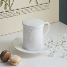 (한국도자기 공식 온라인스토어) 화이트부케 뚜껑 받침 머그 컵 (1인조), 화이트, 1세트
