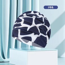 成人加大泳帽男女長髮護耳布時尚褶皺印花游泳帽, 藍底花紋, 1個
