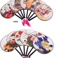 土布麵竹蒲扇團扇竹芭蕉扇仿古典夏季圓文手老工藝古典紙傳統扇子, 1個, 風景人物布團扇, 風景人物布團扇